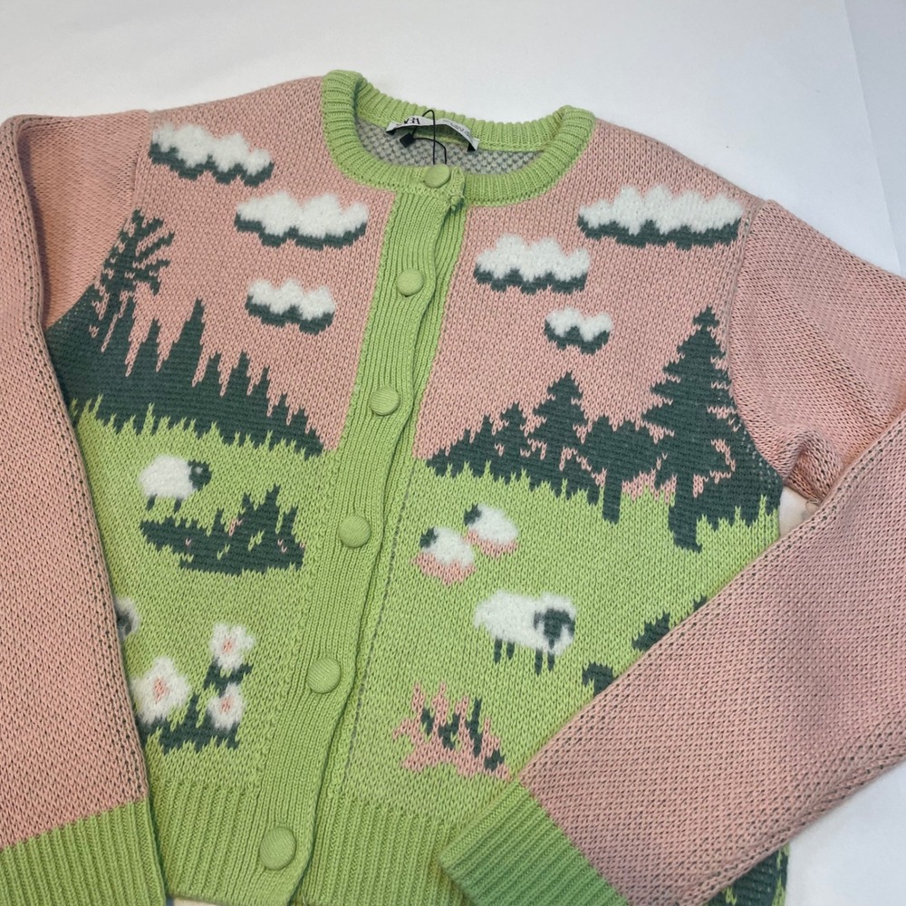 ZARA Women's Knit Jacquard Fuzzy Sheep Landscape Cardigan Pink Green Size S‎ - Picture 3 of 16